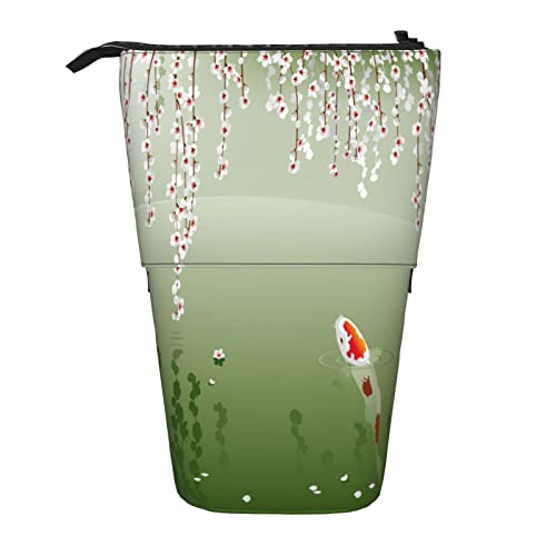 fifbird Federmäppchen Lovely Koi in Grün Pool Schöne Blühende Kirsche Frühling Blume Tier Kunstdruck Stand Up Stiftetasche Tragbare Schule Ständer Bleistifthalter Leicht Erwachsene von fifbird