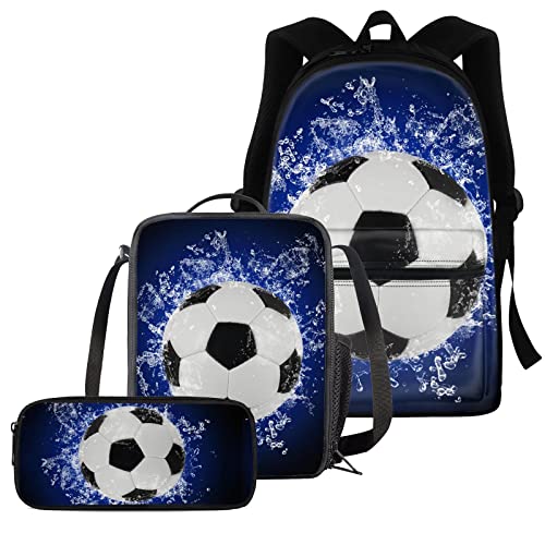 fifbird Feuer-Fußball-Rucksack-Set für die Schule, 3-in-1-Schulranzen-Set für Jungen, Mädchen, Sport, Fußball, bedruckte große Büchertaschen, Thermo-Lunchbox, Federmäppchen, komplettes Set, Blauer von fifbird