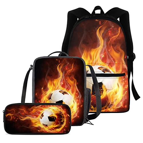 fifbird Feuer-Fußball-Rucksack-Set für die Schule, 3-in-1-Schulranzen-Set für Jungen, Mädchen, Sport, Fußball, bedruckte große Büchertaschen, Thermo-Lunchbox, Federmäppchen, komplettes Set, Neuartiger von fifbird