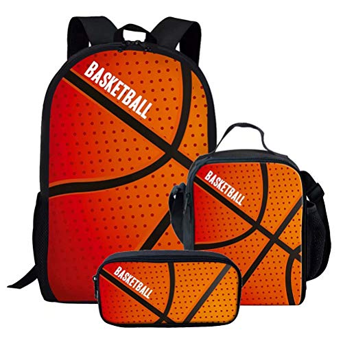 fifbird Fire 3D-Basketball-Schulrucksack-Set, 3-teilig, Schultasche, Rucksack und Kühltasche, warme Lunch-Tasche, Reißverschluss, Bleistift, Schreibwaren, Stifthalter, Schreibtisch, Basketball-3 (3p, von fifbird