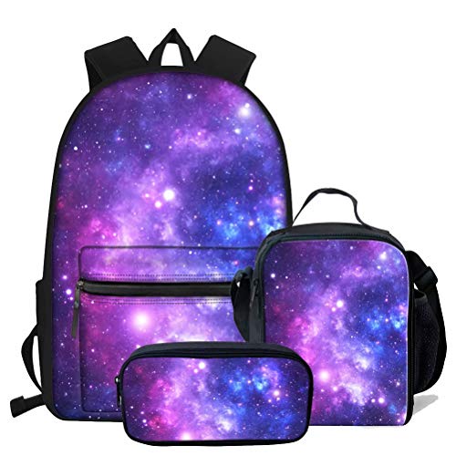 fifbird Galaxy Space Schultaschen-Set für Kinder, Rucksäcke, Jungen, Kinder, 3-teilig, Büchertaschen, Lunch-Tragetasche, Geldbörse, Stift-Organizer, Lila Galaxy S, Einheitsgröße, Tagesrucksäcke von fifbird