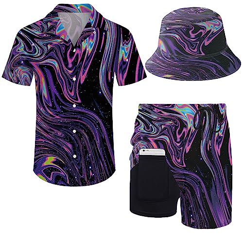 fifbird Herren 80er Jahre Hemd und Shorts Set 80er 90er Jahre Outfit 90er Jahre Hemd Anzüge mit Bucket Hats, Black Psychedelic Trippy, M von fifbird