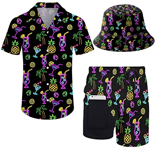 fifbird Herren 80er Jahre Hemd und Shorts Set 80er 90er Jahre Outfit 90er Jahre Hemd Anzüge mit Bucket Hats, Neon Beer, L von fifbird