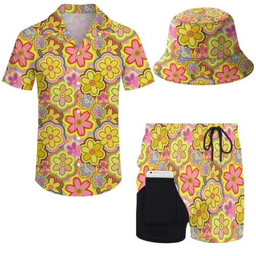 fifbird Herren Hawaiihemd und Shorts Set, Retro 70 Blumen, L von fifbird