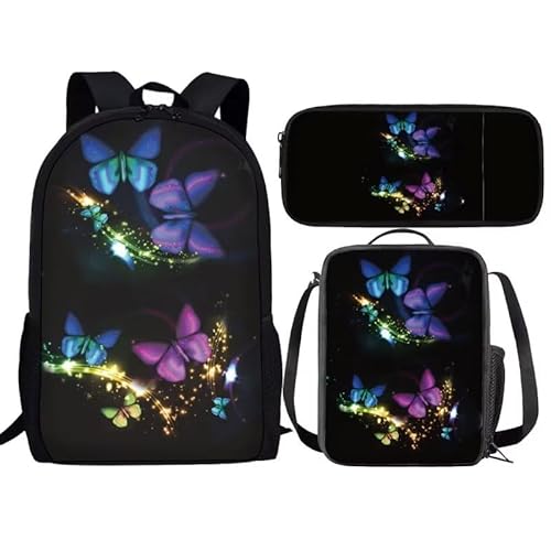 fifbird Hunderucksack mit Lunchbox für Teenager, Rucksack-Set, Mädchen, Schulrucksack, Lunchbox, Bleistiftbeutel, 3-in-1, Schüler-Büchertasche, Glitzer-Butterf, Einheitsgröße, Tagesrucksäcke von fifbird