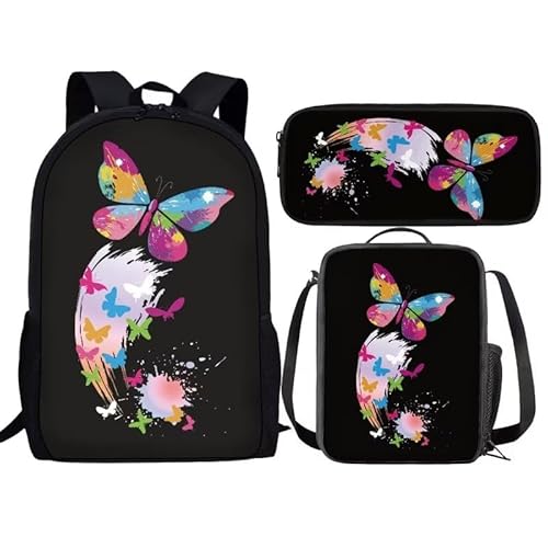 fifbird Hunderucksack mit Lunchbox für Teenager, Rucksack-Set, Mädchen, Schulrucksack, Lunchbox, Bleistiftbeutel, 3-in-1, Schüler-Büchertasche, Regenbogen-Butterf, Einheitsgröße, Tagesrucksäcke von fifbird