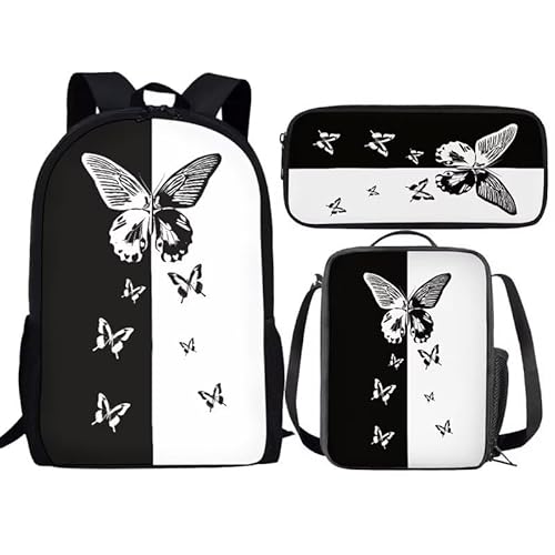 fifbird Hunderucksack mit Lunchbox für Teenager, Rucksack-Set, Mädchen, Schulrucksack, Lunchbox, Bleistiftbeutel, 3-in-1, Schüler-Büchertasche, Schmetterlinge, Einheitsgröße, Tagesrucksäcke von fifbird