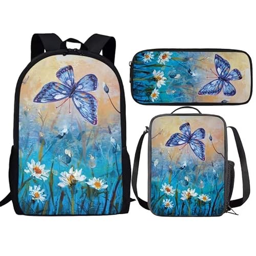 fifbird Hunderucksack mit Lunchbox für Teenager, Rucksack-Set, Mädchen, Schulrucksack, Lunchbox, Bleistiftbeutel, 3-in-1, Schüler-Büchertasche, blau mit schmetterlingen, Einheitsgröße, Tagesrucksäcke von fifbird