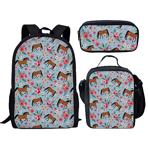 fifbird Kawaii Orange Katzenrucksack-Set für Mädchen Jungen Back to School Katzenrucksack und Lunchbox für Mittelschule Büchertasche, Pferd und Blume, Einheitsgröße, Tagesrucksäcke von fifbird