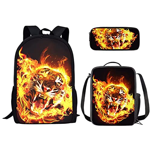 fifbird Kinder-Basketball-Schultaschen für Jungen und Mädchen, 3D-Druck, Ball, Schulbücher-Set, 3-teilig, lässiger Rucksack/Federmäppchen/Lunchbox, Fire Tiger, Einheitsgröße, Tagesrucksäcke von fifbird