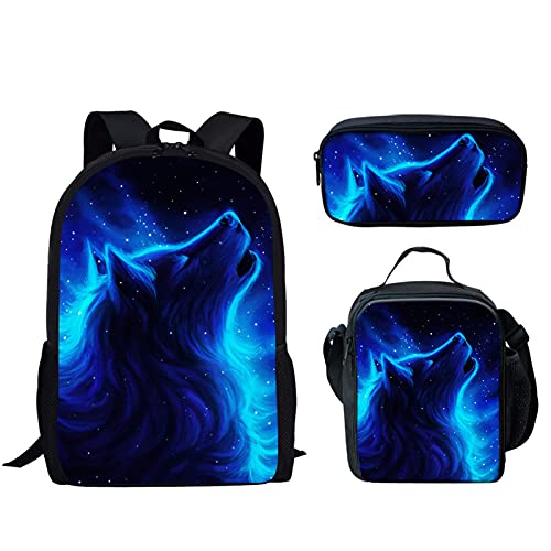 fifbird Kinder-Rucksack, Motiv: Wasserfeuer, Fußball, Schultasche + isolierte Lunchbox + Federmäppchen, 3er-Set, Blue Galaxy Wol, Einheitsgröße, Tagesrucksäcke von fifbird