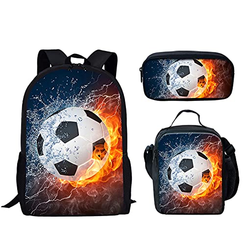 fifbird Kinder-Rucksack, Motiv: Wasserfeuer, Fußball, Schultasche + isolierte Lunchbox + Federmäppchen, 3er-Set, Water Fire Socc, Einheitsgröße, Tagesrucksäcke von fifbird