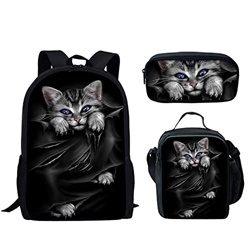 fifbird Kinder-Rucksack, Motiv: Wasserfeuer, Fußball, Schultasche + isolierte Lunchbox + Federmäppchen, 3er-Set, schwarze katze, Einheitsgröße, Tagesrucksäcke von fifbird