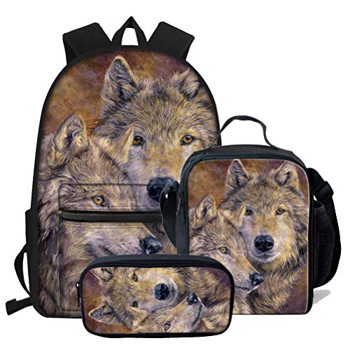 fifbird Kinder-Rucksack-Set mit Tierpaar, Wolf, Schultasche, Lunch-Tasche, Stifthalter, Teenager, Jungen, Schule, Büchertaschen, Outdoor, Reisen, Laptop-Rucksack, 3-teilig, 3-teiliges Wol-Set, von fifbird