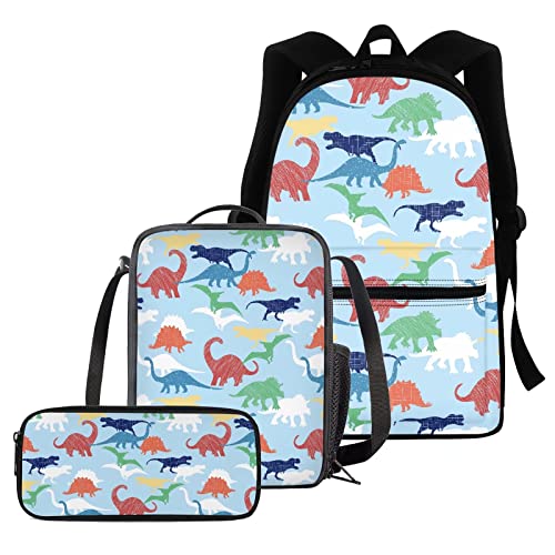 fifbird Kinder-Rucksack für die Schule, Cartoon-Dinosaurier-bedrucktes Schultaschen-Set mit Lunchbox, Federmäppchen, komplettes Set mit 3 Schulbüchertaschen, Jungen, Mädchen, Camping, Wandern, von fifbird