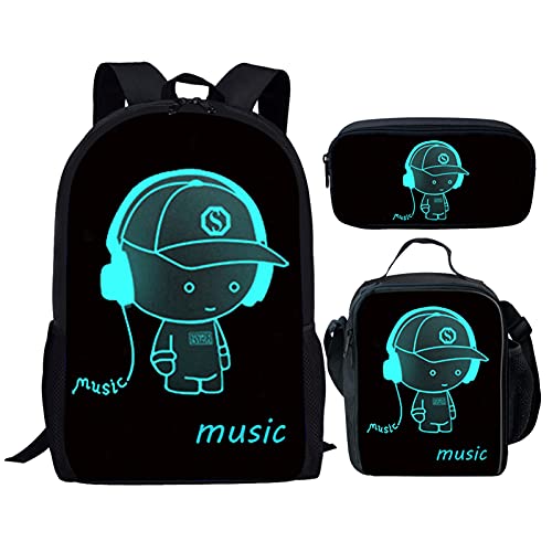 fifbird Kinder-Rucksack mit Lunchbox, Jungen-Rucksack, Tiger-Druck, Schultasche, 3-teiliges Set, Kinder-Büchertasche/Lunch-Tasche, Federmäppchen, Schreibwaren, Black Music Boy, Einheitsgröße, von fifbird