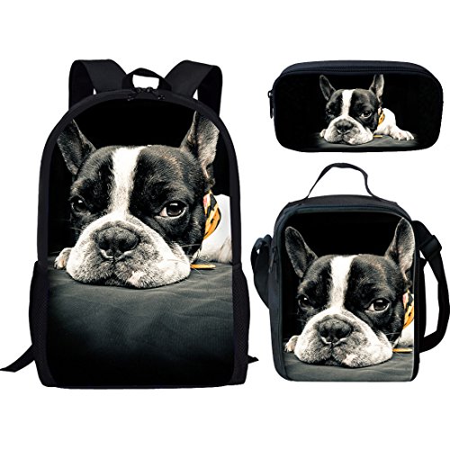 fifbird Kinder-Rucksack mit Lunchbox, Jungen-Rucksack, Tiger-Druck, Schultasche, 3-teiliges Set, Kinder-Büchertasche/Lunch-Tasche, Federmäppchen, Schreibwaren, Boston Terrier, Einheitsgröße, von fifbird