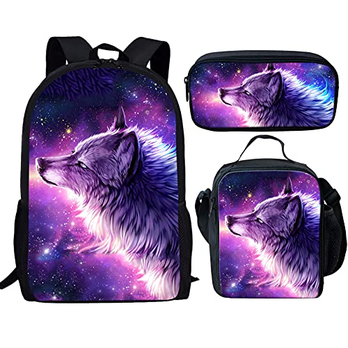 fifbird Kinder-Rucksack mit Lunchbox, Jungen-Rucksack, Tiger-Druck, Schultasche, 3-teiliges Set, Kinder-Büchertasche/Lunch-Tasche, Federmäppchen, Schreibwaren, Cool Wolf Galax, Einheitsgröße, von fifbird