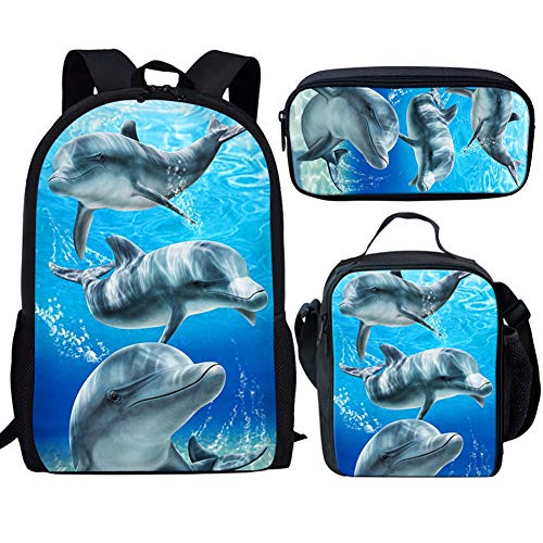 fifbird Kinder-Rucksack mit Lunchbox, Jungen-Rucksack, Tiger-Druck, Schultasche, 3-teiliges Set, Kinder-Büchertasche/Lunch-Tasche, Federmäppchen, Schreibwaren, Delfin, Einheitsgröße, Tagesrucksäcke von fifbird