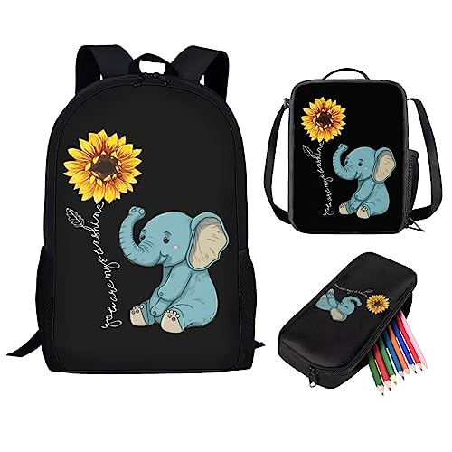 fifbird Kinder-Rucksack mit Lunchbox, Jungen-Rucksack, Tiger-Druck, Schultasche, 3-teiliges Set, Kinder-Büchertasche/Lunch-Tasche, Federmäppchen, Schreibwaren, Elefant Sunflo, Einheitsgröße, von fifbird