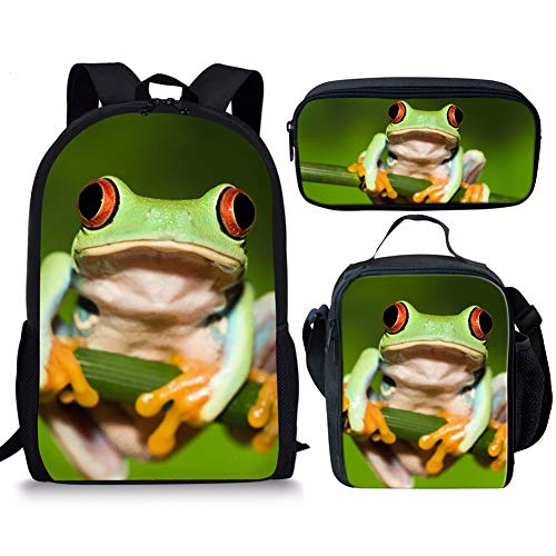 fifbird Kinder-Rucksack mit Lunchbox, Jungen-Rucksack, Tiger-Druck, Schultasche, 3-teiliges Set, Kinder-Büchertasche/Lunch-Tasche, Federmäppchen, Schreibwaren, Frosch Ser, Einheitsgröße, von fifbird