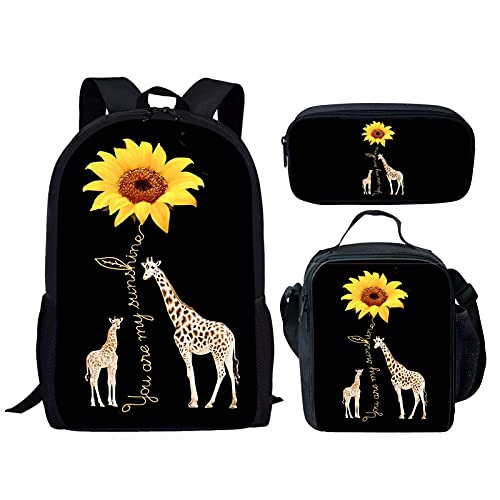 fifbird Kinder-Rucksack mit Lunchbox, Jungen-Rucksack, Tiger-Druck, Schultasche, 3-teiliges Set, Kinder-Büchertasche/Lunch-Tasche, Federmäppchen, Schreibwaren, Giraffe Sunflow, Einheitsgröße, von fifbird