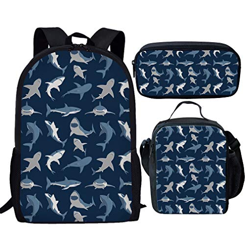 fifbird Kinder-Rucksack mit Lunchbox, Jungen-Rucksack, Tiger-Druck, Schultasche, 3-teiliges Set, Kinder-Büchertasche/Lunch-Tasche, Federmäppchen, Schreibwaren, Hai-Set, Einheitsgröße, Tagesrucksäcke, BAG3SET von fifbird