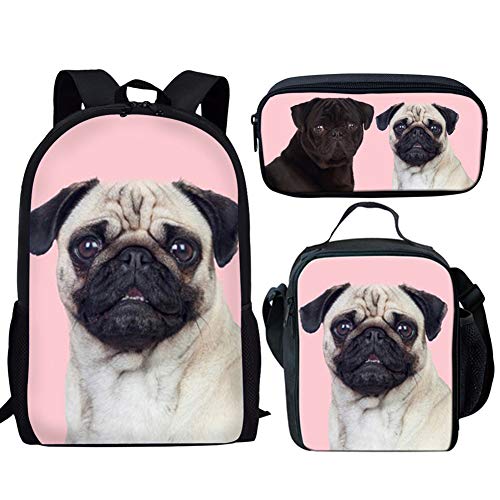 fifbird Kinder-Rucksack mit Lunchbox, Jungen-Rucksack, Tiger-Druck, Schultasche, 3-teiliges Set, Kinder-Büchertasche/Lunch-Tasche, Federmäppchen, Schreibwaren, Mops-Hunde-Set, Einheitsgröße, von fifbird