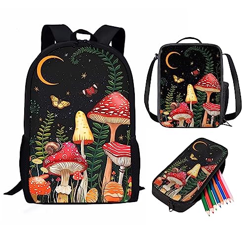 fifbird Kinder-Rucksack mit Lunchbox, Jungen-Rucksack, Tiger-Druck, Schultasche, 3-teiliges Set, Kinder-Büchertasche/Lunch-Tasche, Federmäppchen, Schreibwaren, Mushroom Night, Einheitsgröße, von fifbird