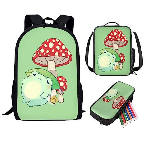 fifbird Kinder-Rucksack mit Lunchbox, Jungen-Rucksack, Tiger-Druck, Schultasche, 3-teiliges Set, Kinder-Büchertasche/Lunch-Tasche, Federmäppchen, Schreibwaren, Pilzfrosch, Einheitsgröße, von fifbird