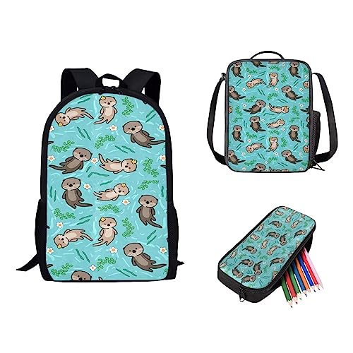 fifbird Kinder-Rucksack mit Lunchbox, Jungen-Rucksack, Tiger-Druck, Schultasche, 3-teiliges Set, Kinder-Büchertasche/Lunch-Tasche, Federmäppchen, Schreibwaren, Seeotter, Einheitsgröße, Tagesrucksäcke von fifbird