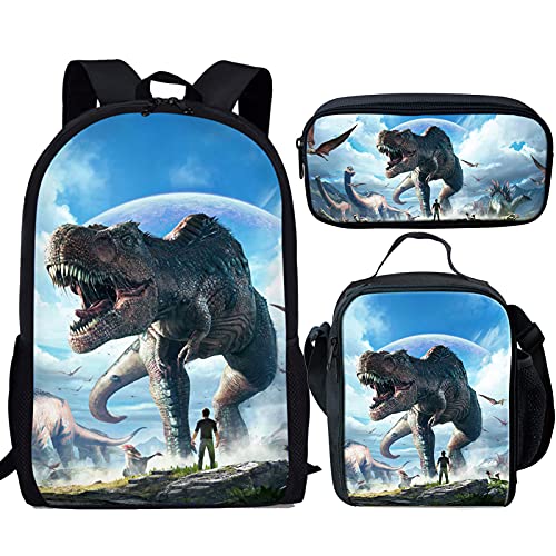 fifbird Kinder-Rucksack mit Lunchbox, Jungen-Rucksack, Tiger-Druck, Schultasche, 3-teiliges Set, Kinder-Büchertasche/Lunch-Tasche, Federmäppchen, Schreibwaren, Trendiger Multisaurier, Einheitsgröße, von fifbird