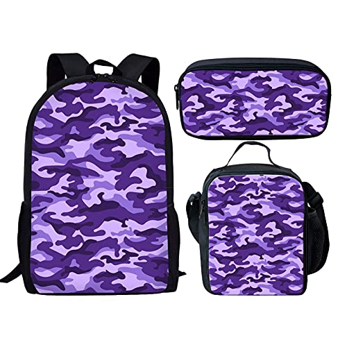 fifbird Kinder-Rucksack mit Lunchbox, Jungen-Rucksack, Tiger-Druck, Schultasche, 3-teiliges Set, Kinder-Büchertasche/Lunch-Tasche, Federmäppchen, Schreibwaren, Violette Tarnfarbe, Einheitsgröße, von fifbird