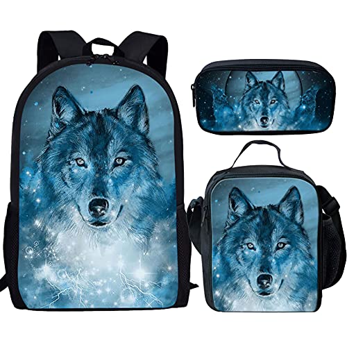 fifbird Kinder-Rucksack mit Lunchbox, Jungen-Rucksack, Tiger-Druck, Schultasche, 3-teiliges Set, Kinder-Büchertasche/Lunch-Tasche, Federmäppchen, Schreibwaren, Wolf Galaxie, Einheitsgröße, von fifbird