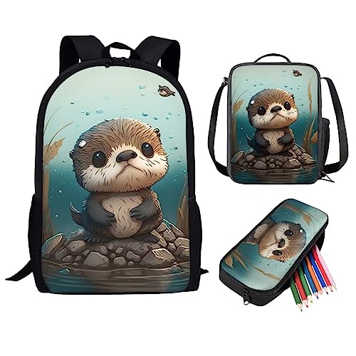 fifbird Kinder-Rucksack mit Lunchbox, Jungen-Rucksack, Tiger-Druck, Schultasche, 3-teiliges Set, Kinder-Büchertasche/Lunch-Tasche, Federmäppchen, Schreibwaren, otter, Einheitsgröße, Tagesrucksäcke von fifbird