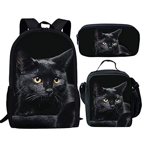 fifbird Kinder-Rucksack mit Lunchbox, Jungen-Rucksack, Tiger-Druck, Schultasche, 3-teiliges Set, Kinder-Büchertasche/Lunch-Tasche, Federmäppchen, Schreibwaren, schwarze katze, Einheitsgröße, von fifbird