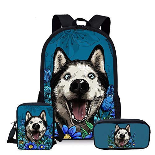 fifbird Kinder-Schulranzen-Set mit Rucksack, Büchertasche, Umhängetasche, Federmäppchen, 3 Stück, Husky-Hund, Einheitsgröße, Tagesrucksäcke von fifbird