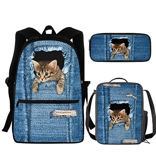 fifbird Lightning Fire Fußball-Rucksack für Jungen, Schultaschen, einzigartige Fußballtasche + Stifttasche + Lunchbox, 3 Sets, Denim Cat, Einheitsgröße, Tagesrucksäcke von fifbird