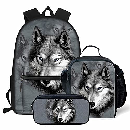 fifbird Lightning Fire Fußball-Rucksack für Jungen, Schultaschen, einzigartige Fußballtasche + Stifttasche + Lunchbox, 3 Sets, Grauer Wolf, Einheitsgröße, Tagesrucksäcke von fifbird