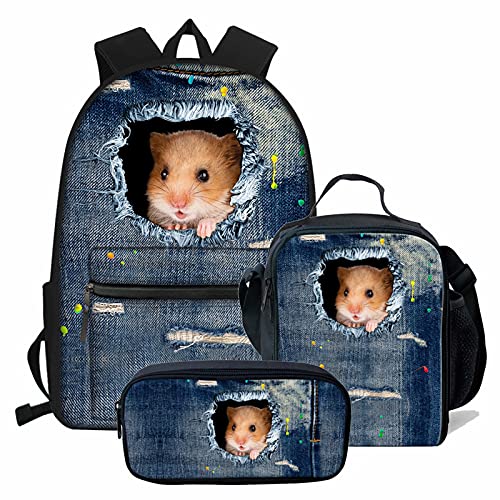 fifbird Lightning Fire Fußball-Rucksack für Jungen, Schultaschen, einzigartige Fußballtasche + Stifttasche + Lunchbox, 3 Sets, Jeans Hamster, Einheitsgröße, Tagesrucksäcke von fifbird