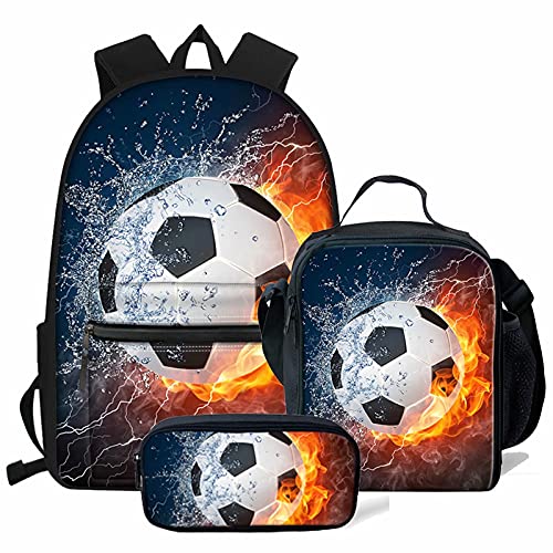 fifbird Lightning Fire Fußball-Rucksack für Jungen, Schultaschen, einzigartige Fußballtasche + Stifttasche + Lunchbox, 3 Sets, Lightning Fire, Einheitsgröße, Tagesrucksäcke von fifbird