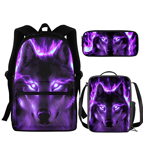 fifbird Lightning Fire Fußball-Rucksack für Jungen, Schultaschen, einzigartige Fußballtasche + Stifttasche + Lunchbox, 3 Sets, Purple Fire Wol, Einheitsgröße, Tagesrucksäcke von fifbird