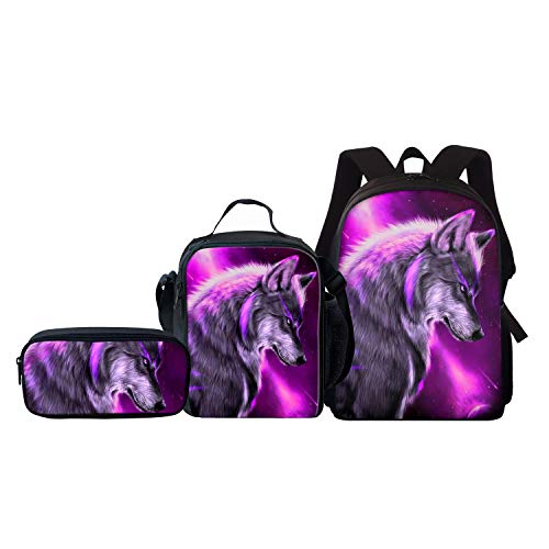 fifbird Lila Galaxie Wolf Druck Rucksack Kinder Schultasche Isolierte Lunchbox mit Federmäppchen Taschen Set von fifbird