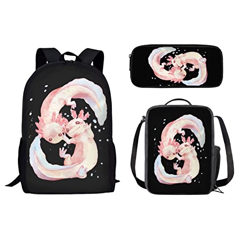 fifbird Lustige Giraffe Rucksack/Federmäppchen/Lunchtasche 3D Druck Schulranzen Set für Jungen Mädchen für Schule 3 Stück, Axolotl Schwarz, Einheitsgröße, Tagesrucksäcke von fifbird