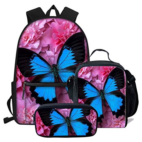 fifbird Mädchen Schulrucksack Schmetterling Büchertasche Lunchbox Federmäppchen 3-teiliges Set, Schmetterling 1 (3 Stück), Einheitsgröße, Tagesrucksäcke von fifbird