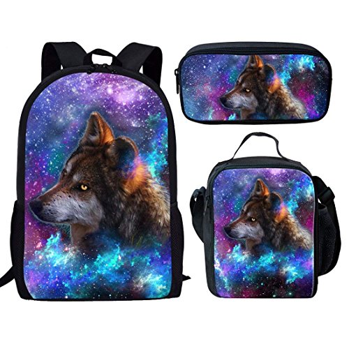 fifbird Modisches Schultaschen-Set für Kinder, 3-in-1, Beagle-Hunde-Druck, Reißverschluss, Thermo-Lunch-Tasche und Federmäppchen, Galaxy Wolf, Einheitsgröße, Tagesrucksäcke von fifbird