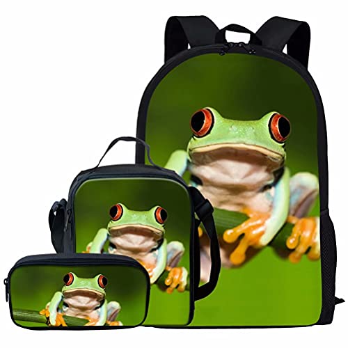 fifbird Rucksack für Jungen und Mädchen, Set mit 3 Schultaschen, isoliertes Federmäppchen, Frosch-Aufdruck, Einheitsgröße, Tagesrucksäcke von fifbird