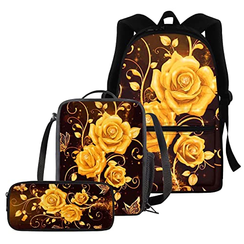 fifbird Rucksack für Jungen und Mädchen, komplettes Set mit 3-teiligem Tierwolf, Schultaschen-Set für Kinder, inklusive 40,6 cm Reiserucksack, Federmäppchen, Thermo-Lunchbox, Goldene Rose Flora, von fifbird