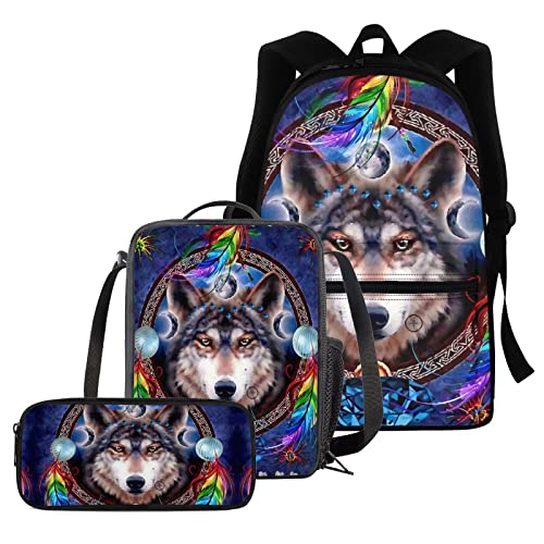 fifbird Rucksack für Jungen und Mädchen, komplettes Set mit 3-teiligem Tierwolf, Schultaschen-Set für Kinder, inklusive 40,6 cm Reiserucksack, Federmäppchen, Thermo-Lunchbox, Lila Wolf, Einheitsgröße, von fifbird