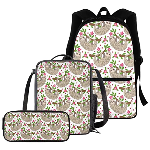 fifbird Rucksack für Jungen und Mädchen, komplettes Set mit 3-teiligem Tierwolf, Schultaschen-Set für Kinder, inklusive 40,6 cm Reiserucksack, Federmäppchen, Thermo-Lunchbox, Niedliches Faultier-Weiß, von fifbird